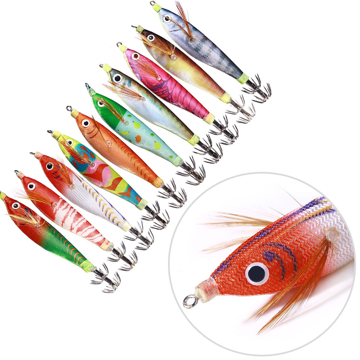 Free Shipping Level Wooden Shrimp with Sound Beads Luminous Squid Hook Explosive Hook Weighted Lead Sea Fishing Squid Hook Fake Bait